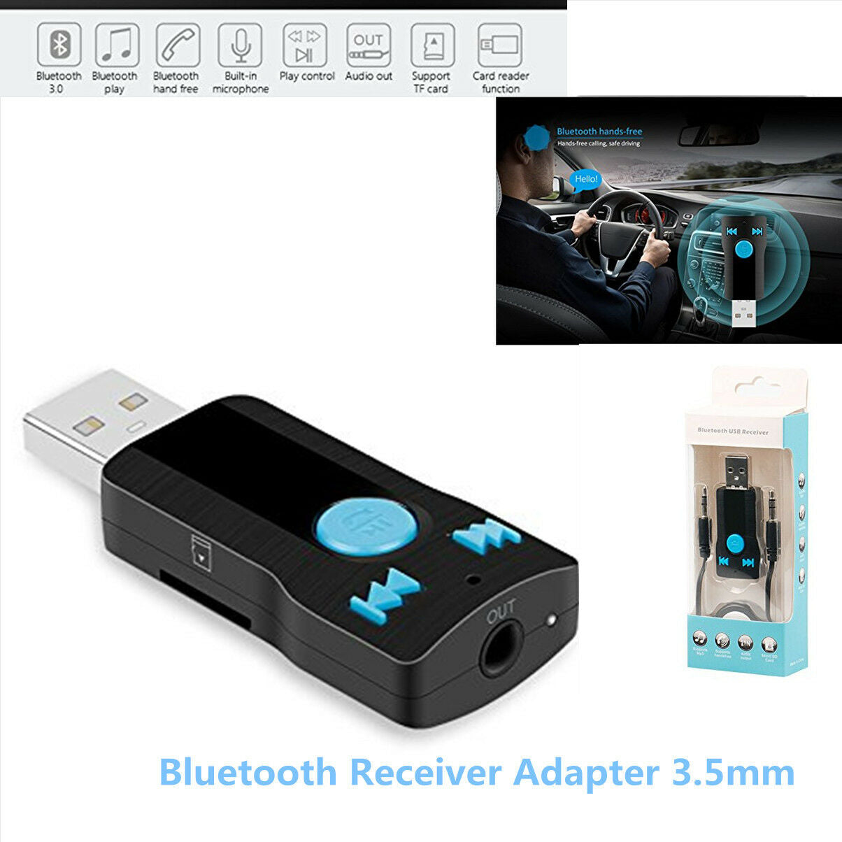 3in1 USB Bluetooth Receiver Adapter 3.5mm Stereo Audio Receiver&Adapter Speakers