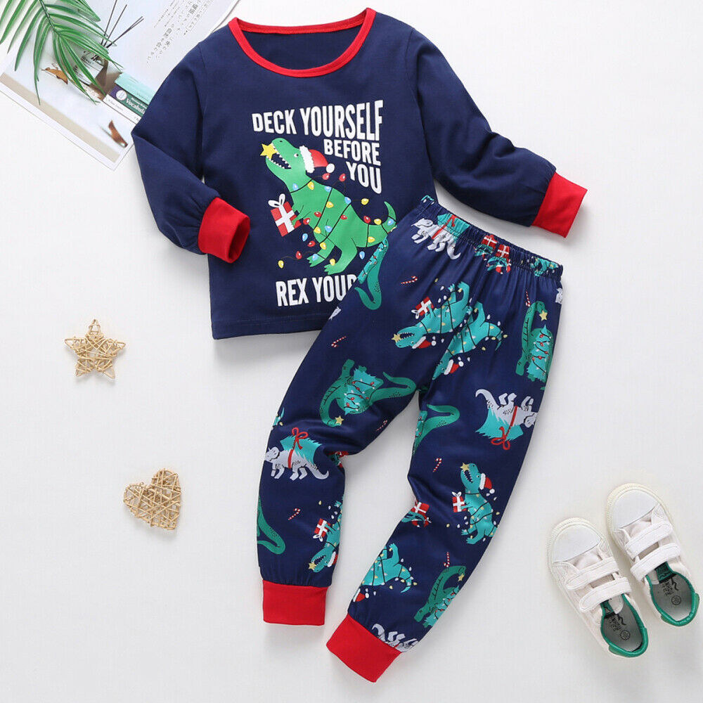Baby Kids Christmas Pajamas Set Dinosaur Print Sleepwear Homewear Clothes Suit