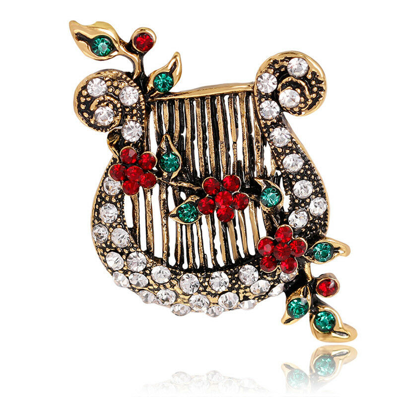 Christmas`Crystal Enamel Brooch Pin Harp Lute Collar Rhinestone Brooches`.l8