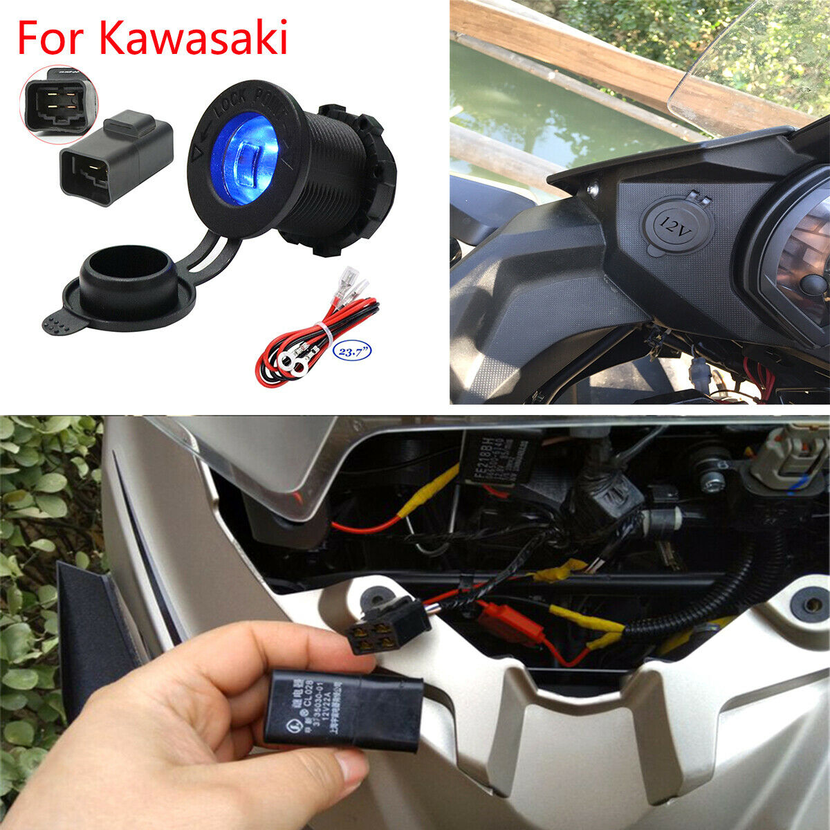 Motorcycle Blue LED Cigarette Lighter Power Plug with Relay 12V 22A For Kawasaki