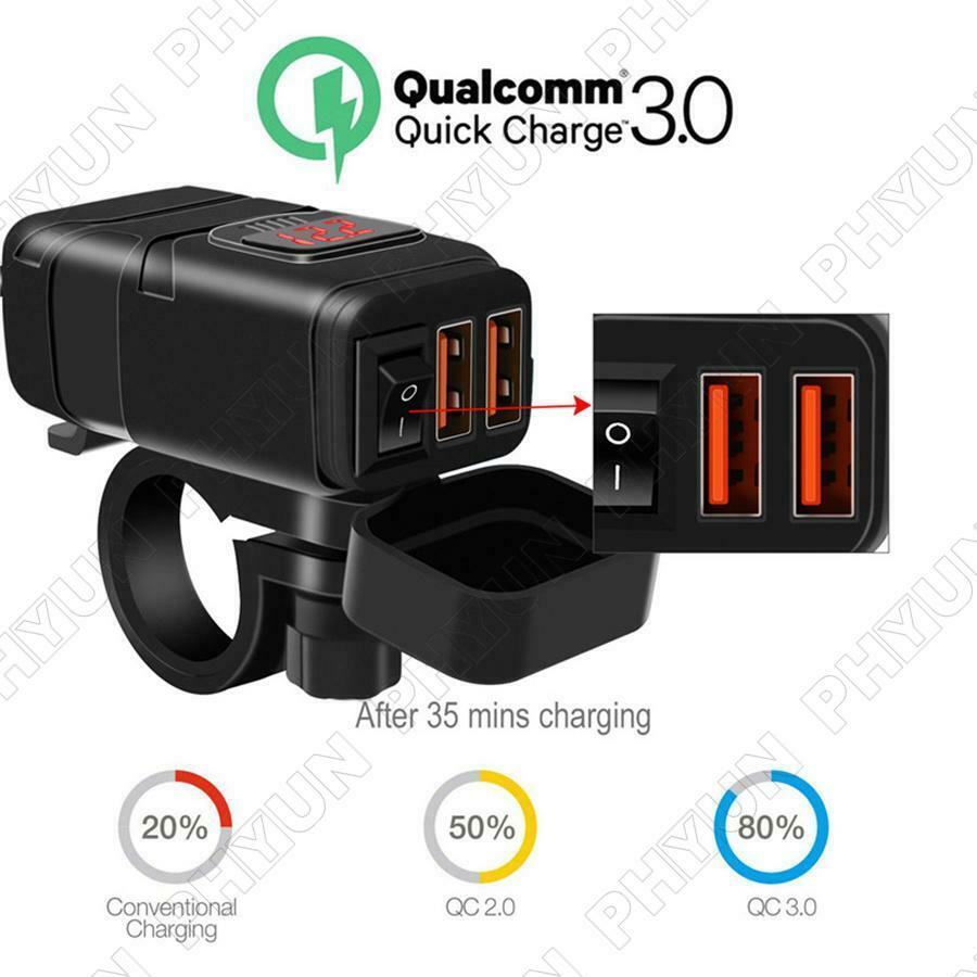12V Dual USB QC3.0 Fast Charging Motorcycle Universal Phone Charger & Voltmeter