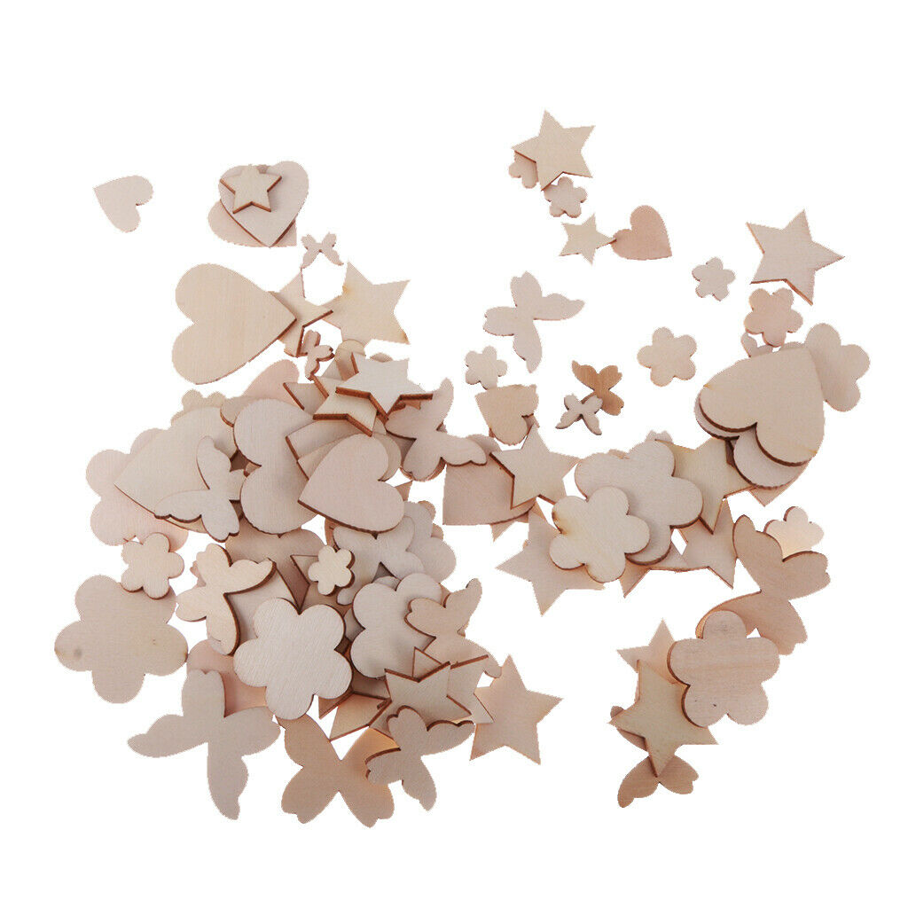 100pcs Assorted Wood Shape Heart Plum Flower Star Ebellishments For