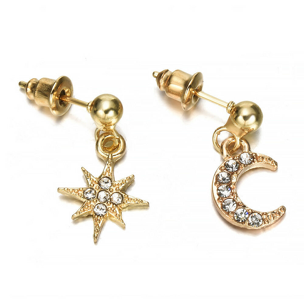 4PC Bohemian Large Circle Earrings Ear Clip Crystal Moon Star Stud Jewelry Kits