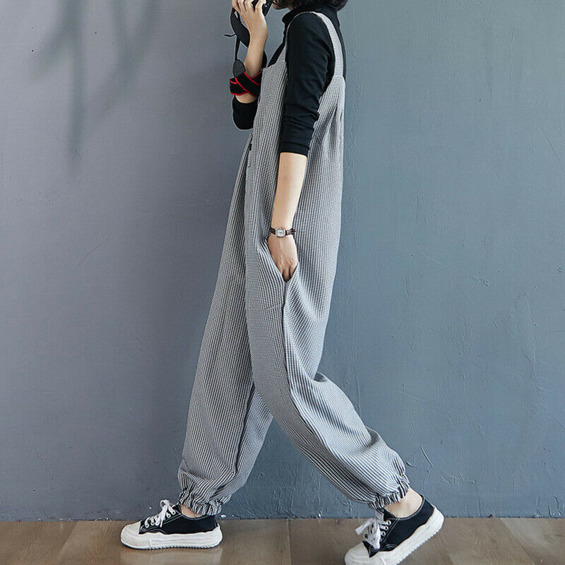 Womens Plaid Baggy Dungarees Overalls Jumpsuit Pockets Loose Romper Pants Casual