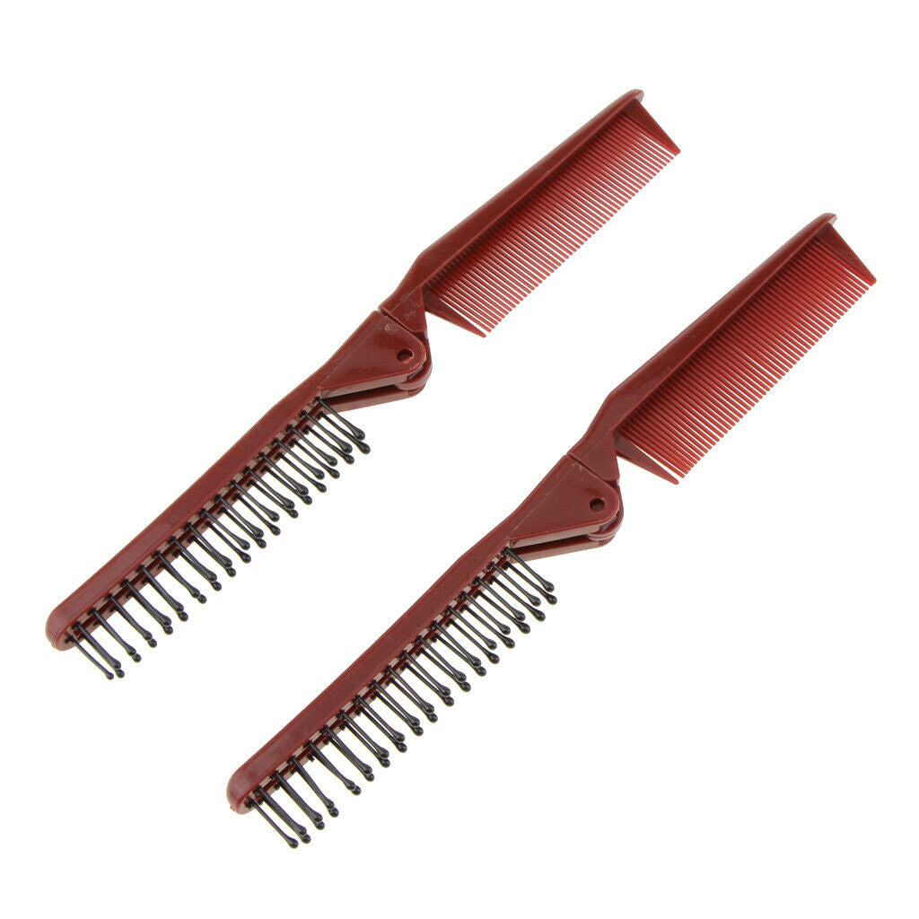 2X 2Pcs Plastic Dual Hair Brush Pocket Folding Travel Comb Anti Static Wine Red