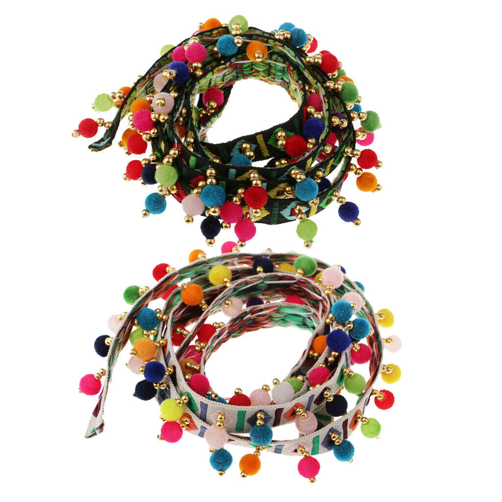 2pcs Pompom Ball Tassel Fringe Trim Jacquard Ribbon Sewing Appliques Crafts