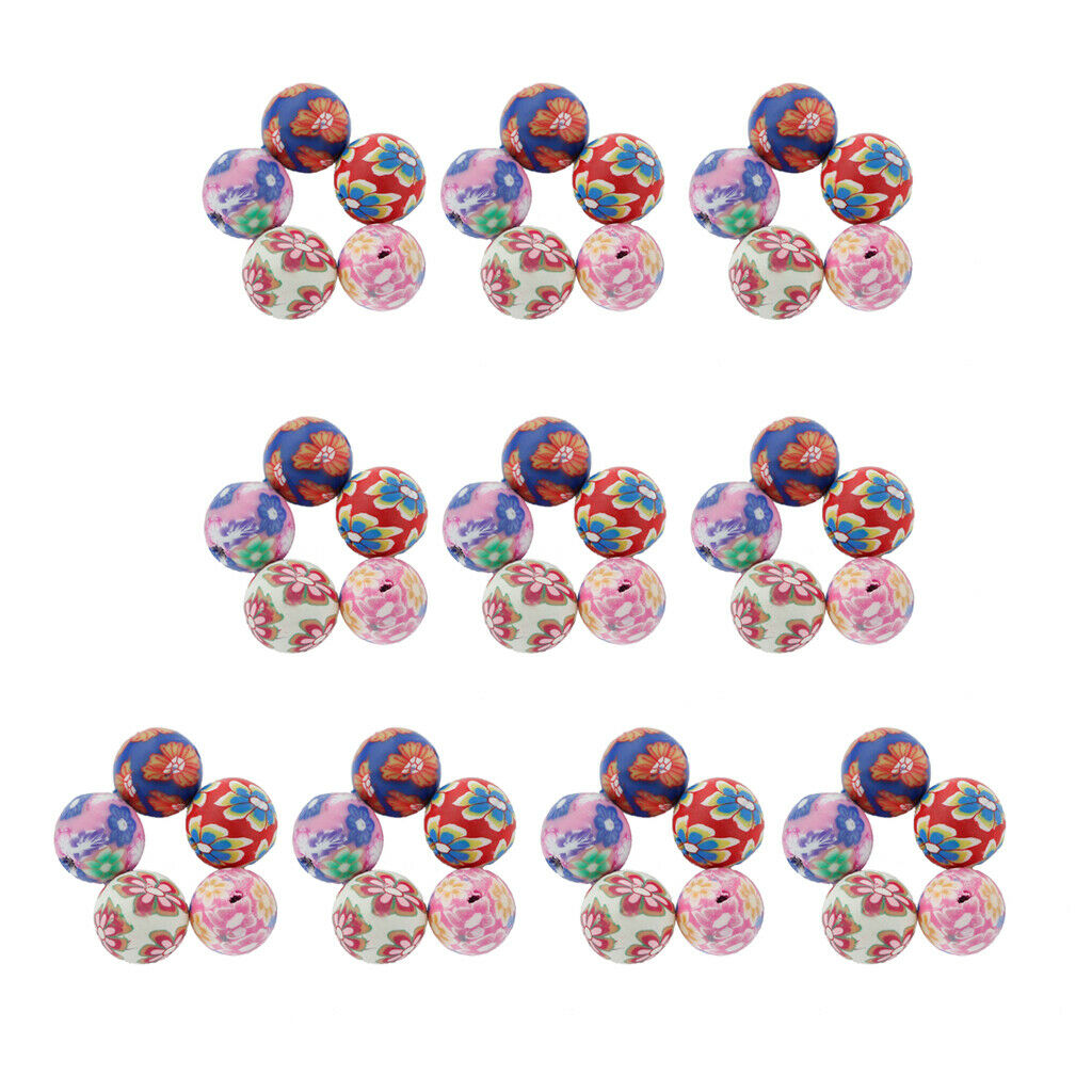 50x Assorted Floral Polymer Clay Round Beads for Jewelry Bracelets Making