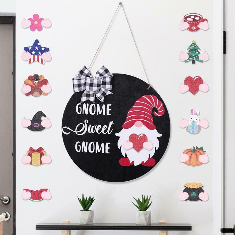 Interchangeable Seasonal Gnome Sweet Gnome Sign Front Door Decor Wooden Hanger