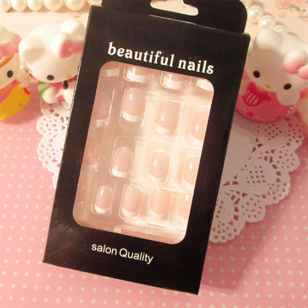 24x Women's French Style DIY Manicure Art Tips False Nails with Glue .l8