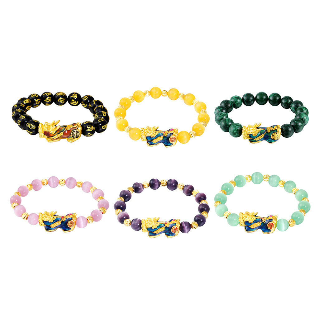 Feng Shui Black Obsidian Pixiu Charms Bracelet Jewelry Elastic Black