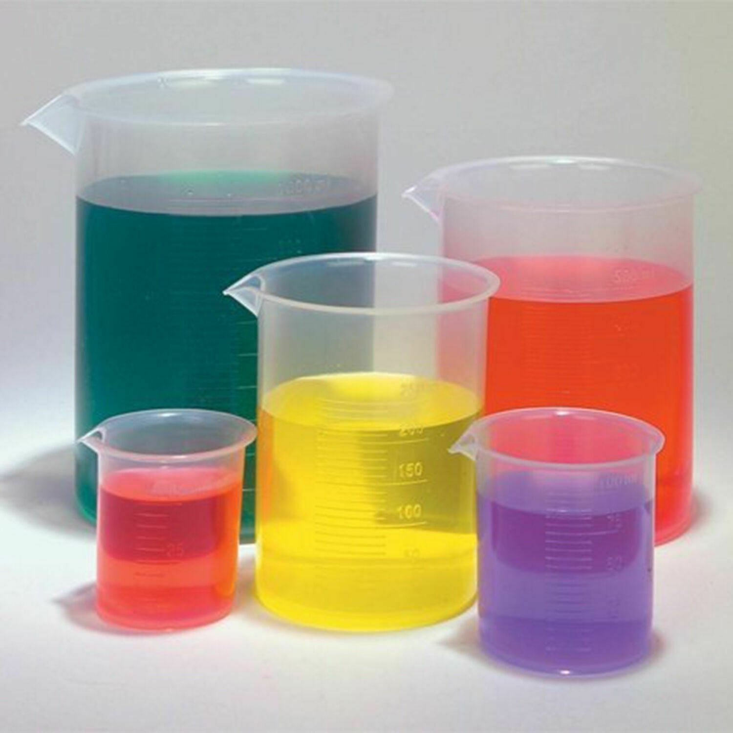 Labs Plastic Beakers Set Measuring Cups - 5 Sizes - 50, 100, 250, 500 and 1000ml