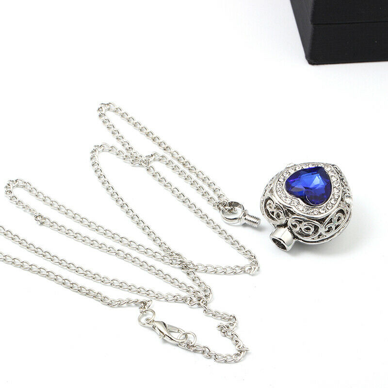 Urn Cremation Heart Blue Crystal Pendant Ash Holder Memorial Necklace Jewe.l8