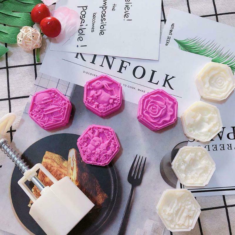 50g Mooncake Barrel Mold with 4pcs Square Flower Stamps Hand Press Moon Cake