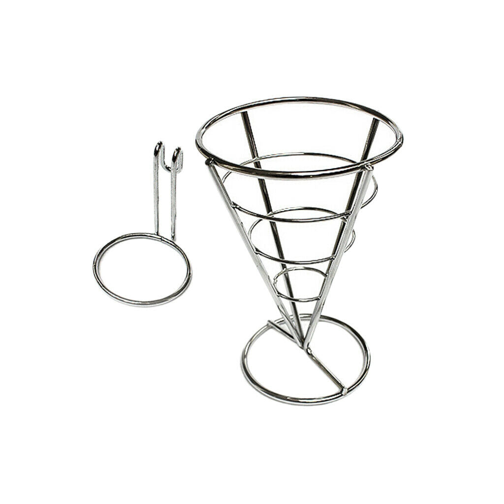 Stainless French Fry Stand Cone Basket Holder with Dip Bowl for Chips Snack