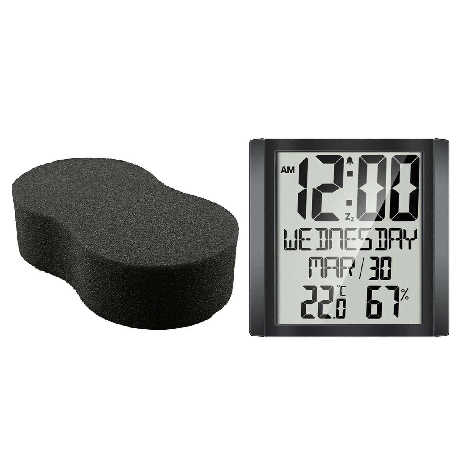 Compact digital day clock. Large display temperature and humidity display