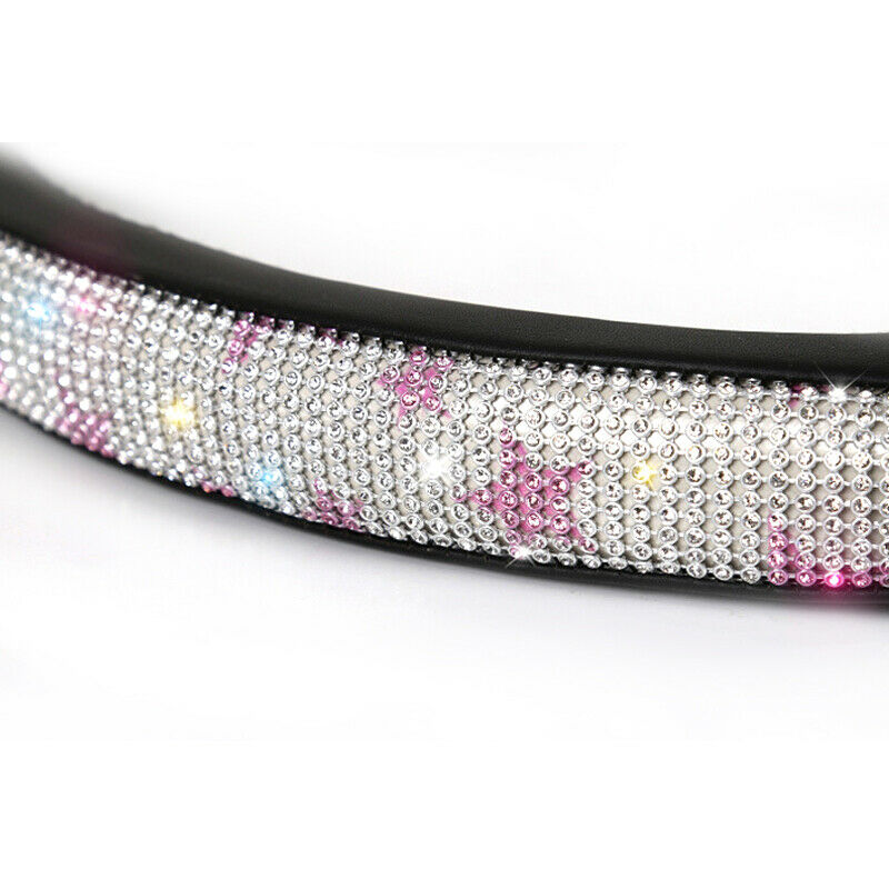 15" Car Steering Wheel Cover Rhinestone Shine Bling PU Leather Nonslip Universal