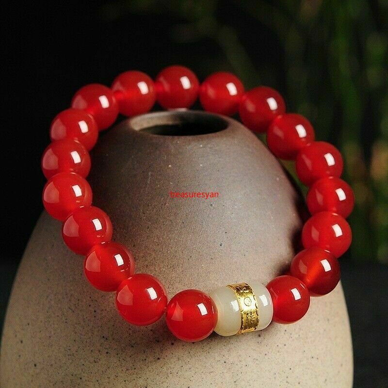 Certified Natural Red Agate Hetian White Jade Bead Bangle Bracelet Bead Dia.10mm