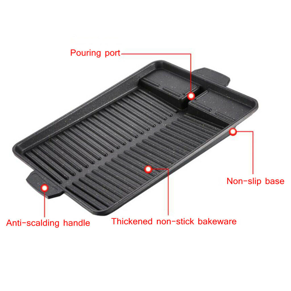 Aluminum BBQ Grill Pan Frying Plate Non-Stick w/ Handle Korean BBQ Black