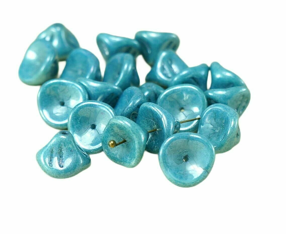 Gray Blue Luster Czech Glass Large Bell Flower Beads Lily Of The Valley Flowe...