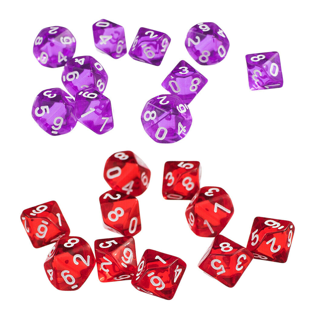 20pcs 10 Sided Dice D10 Transparent Polyhedral Dice For D&D RPG Red&Purple