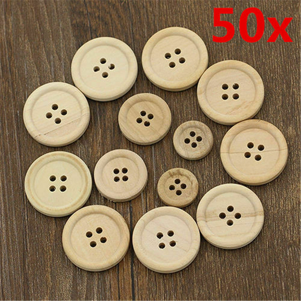50 Pcs Mixed Wooden Buttons Natural Color Round 4-Holes Sewing Scrapbooking US