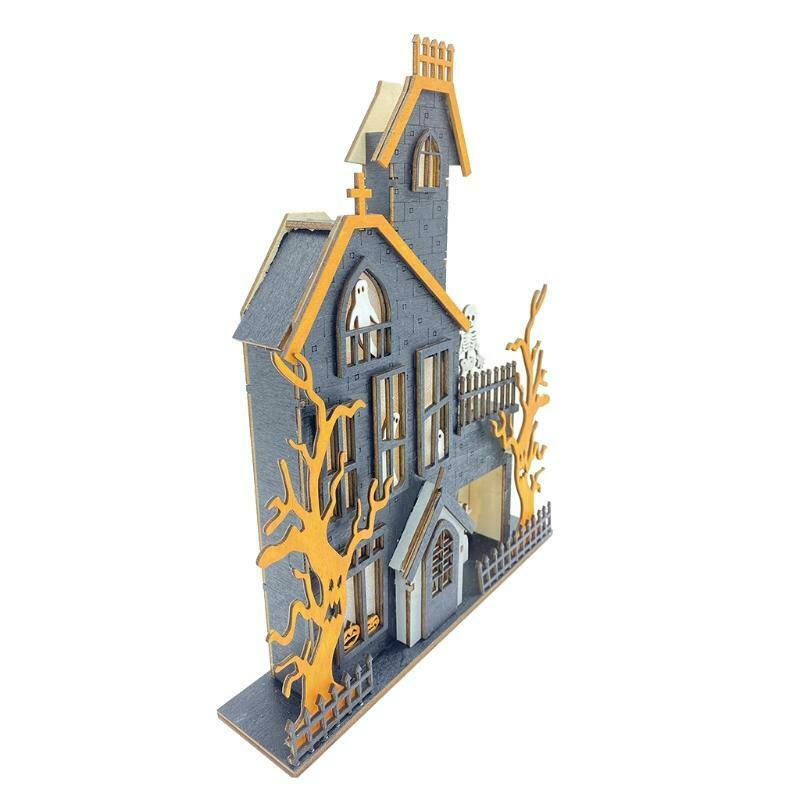 Halloween Table Decorations Wooden Haunted House Ghost Sign with LED Light Decor