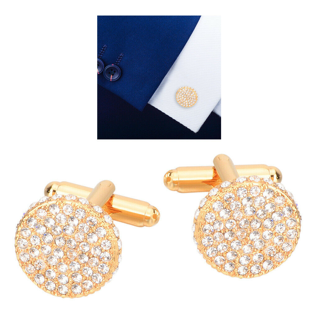 2pcs Men Rhinestone Cuff Links Shirt Banquet for Usher Bride Golden 17mm