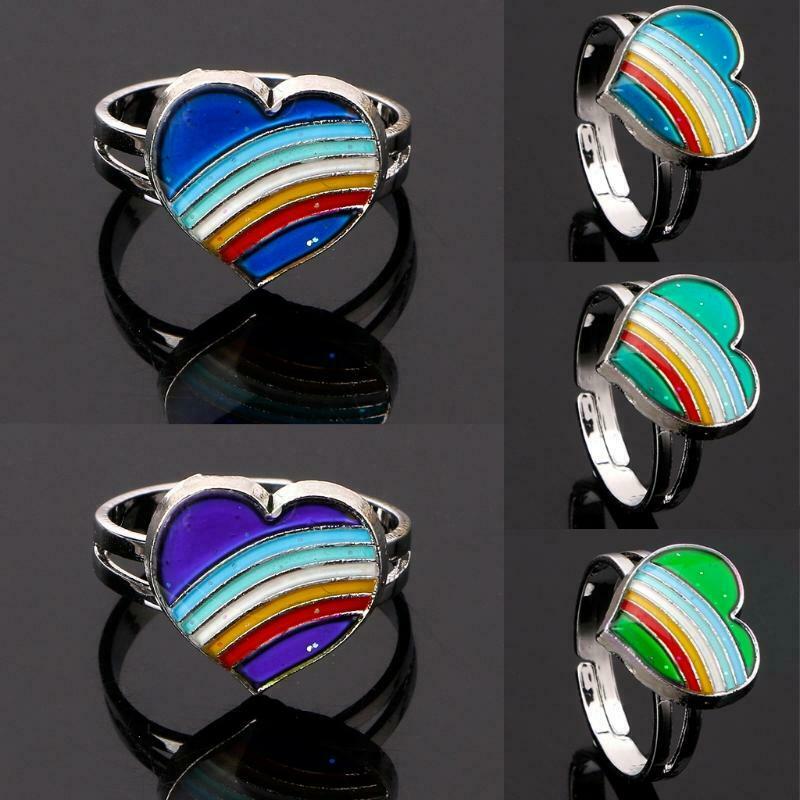Rainbow Heart Mood Ring Temperature Emotion Feeling Rings Adjustable For Women