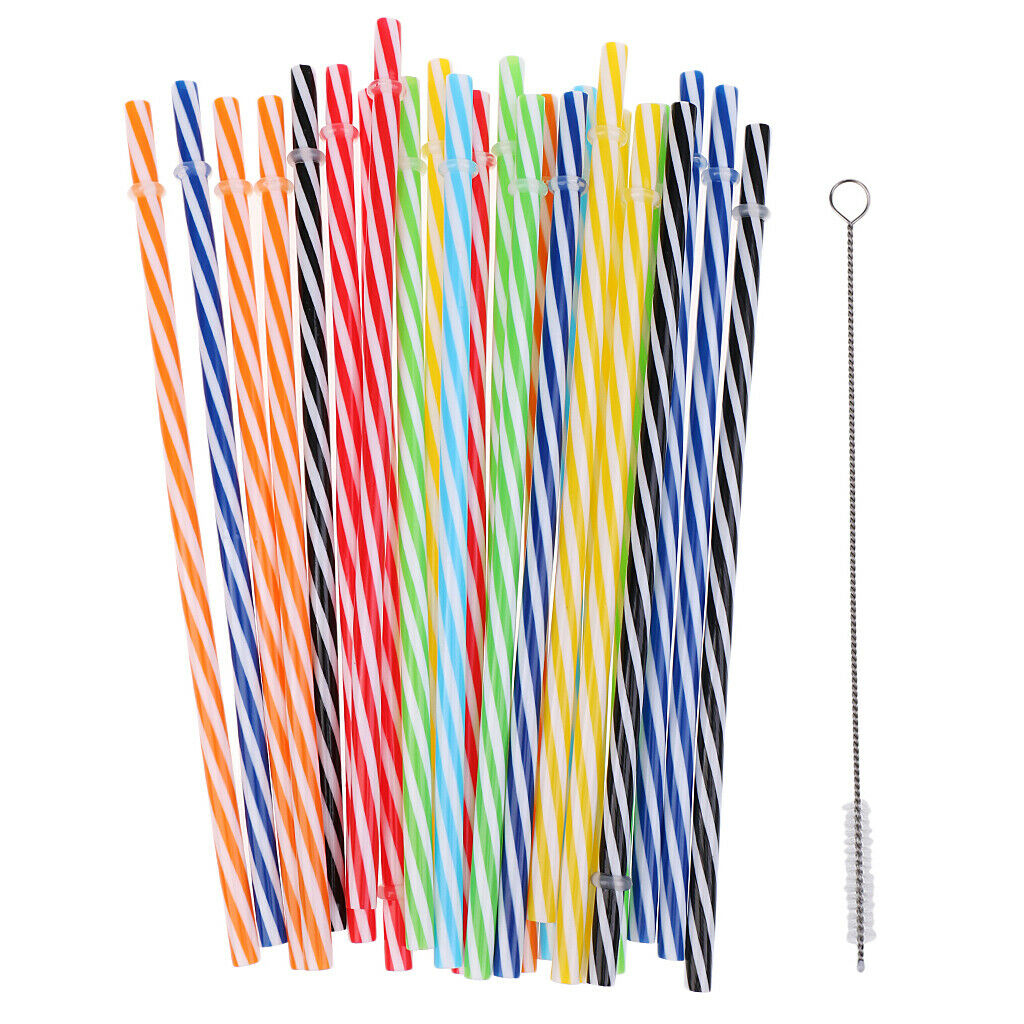 25x Reusable Hard Plastic Drinking Stripe Straws+Cleaning Brush Party Decor