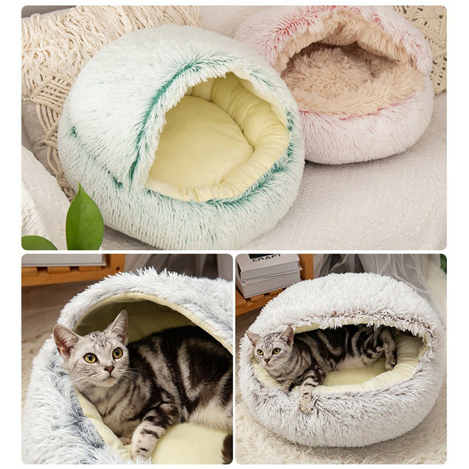Round Plush Pet Dog Cat Bed Fluffy Warm Calming Sleeping Kennel 60cm Green