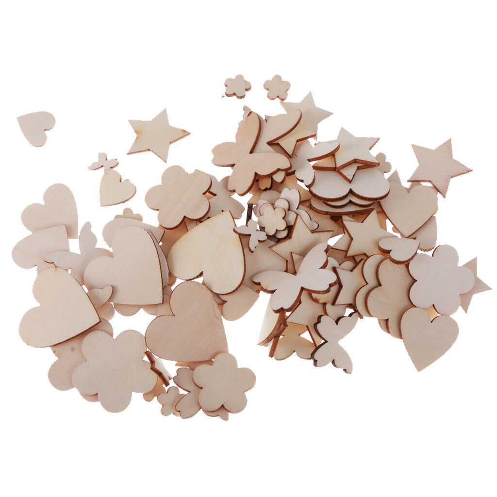 100pcs Assorted Wood Shape Heart Plum Flower Star Ebellishments For