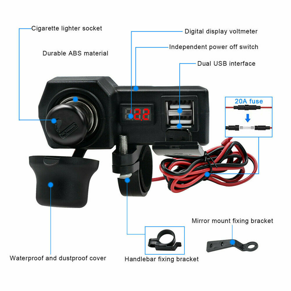 Waterproof Motorcycle Handlebar Dual USB Phone Quick Charger Voltmeter 10-24V