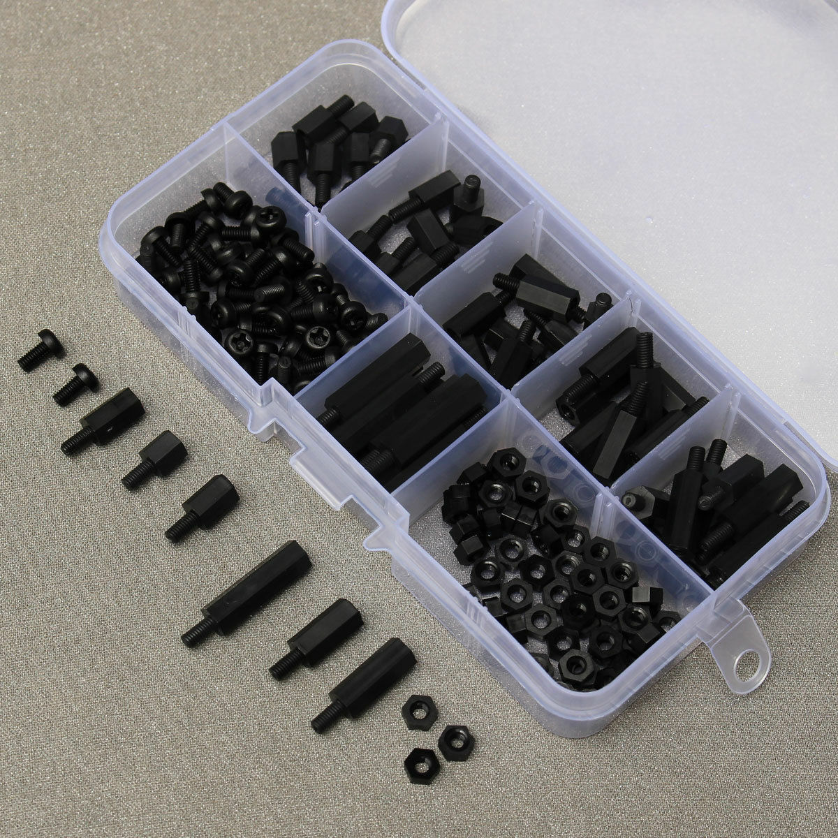 180pcs Black Nylon M3 Hex Column Male-Female Standoff Spacers Screw Nut Kit Box