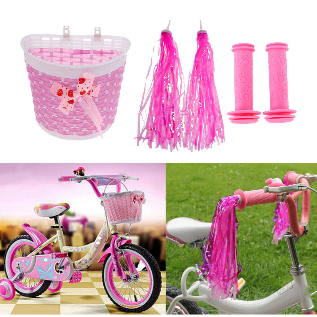 Girls Bicycle Bike Handlebar Grips Tassels Ribbons Front Basket Pink Set