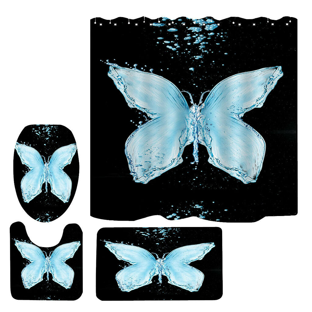 Non-Slip Bath Mat Contour Mat Toilet Lid Cover Shower Curtain Butterfly B