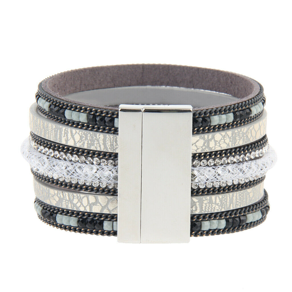 Punk Rock Wide Leather Men's Cuff Bangle Bracelet Crystal Net Band Grey