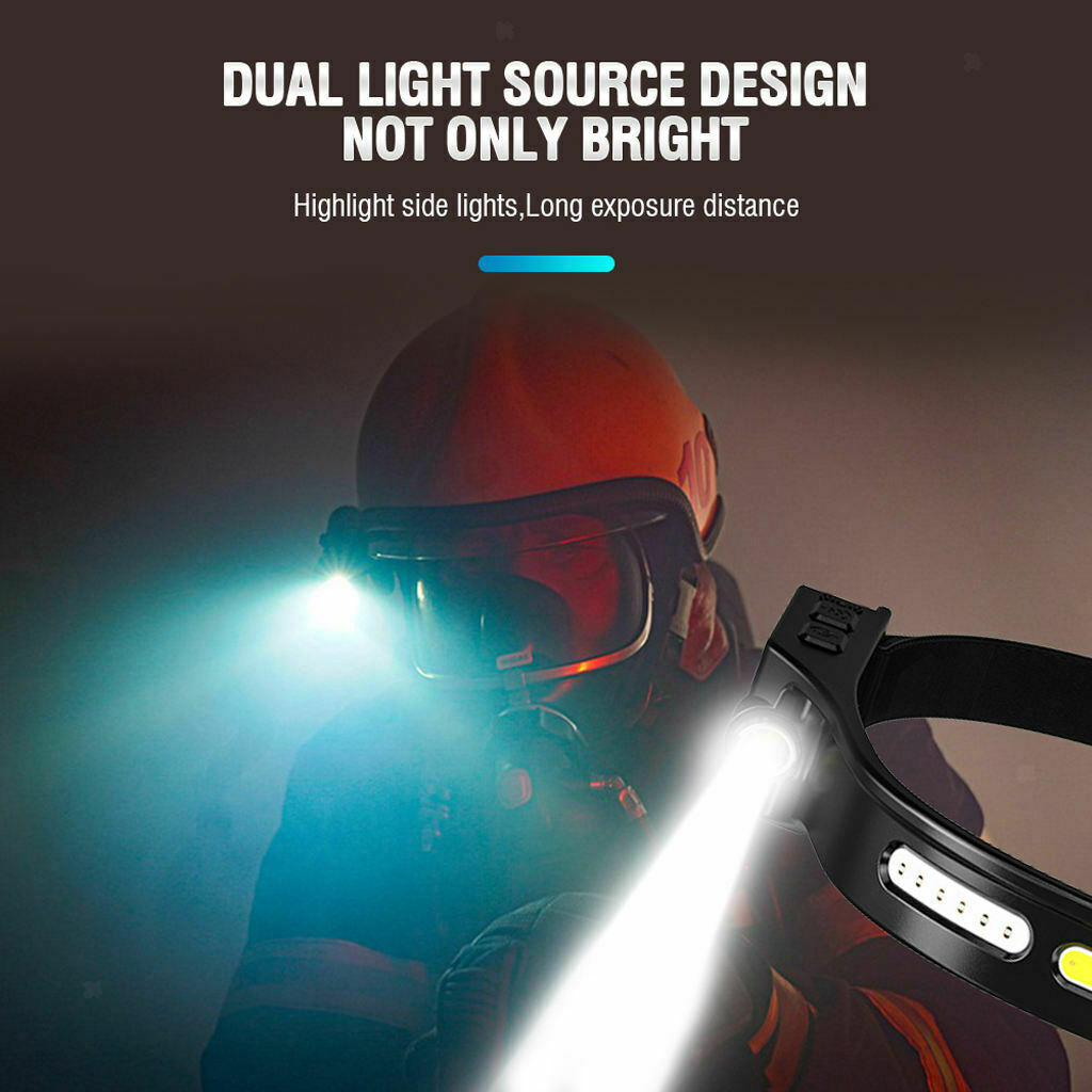 USB COB Head Lamps Adults Outdoor Hat Clip Light 4 Modes Flashlight Sensor