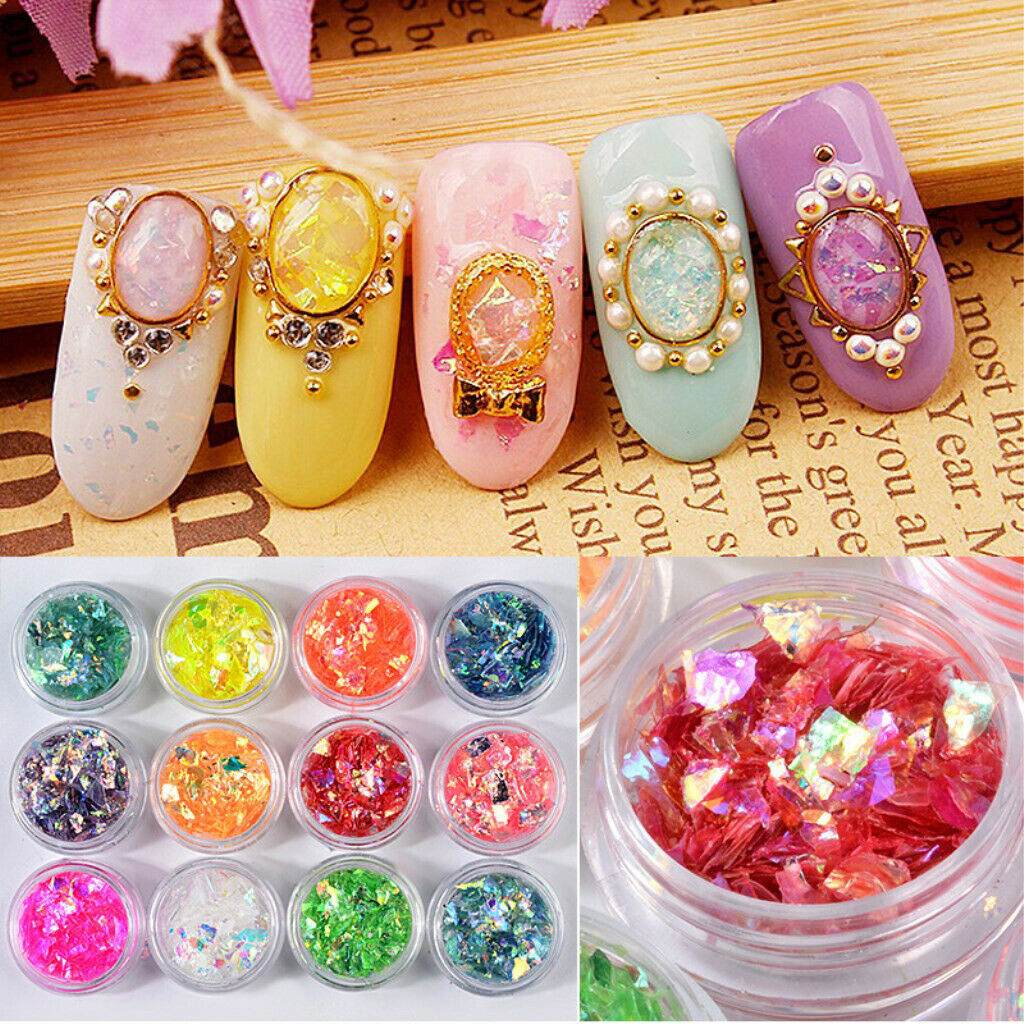 12 Jars Cellophane Iridescence Sequins Metallic Luster Bright Nail Stickers