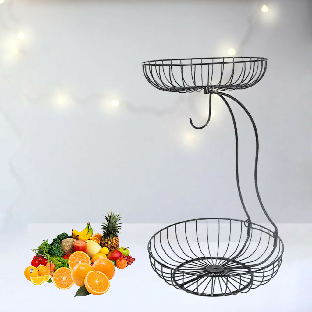 Home Iron Wire 2 Tier Fruit Basket Holder Bread Bowl Countertop Storage Rack
