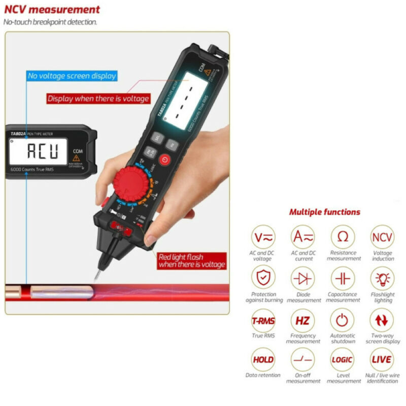 Pen Type Ta802B Voltage Multimeter Voltage Measurement Zero Line 6000 Counts