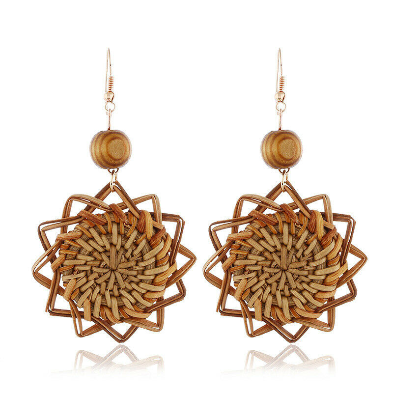 Handmade Wood Bamboo Rattan Geometric Pendant Ear Stud Earrings Women Jew.l8