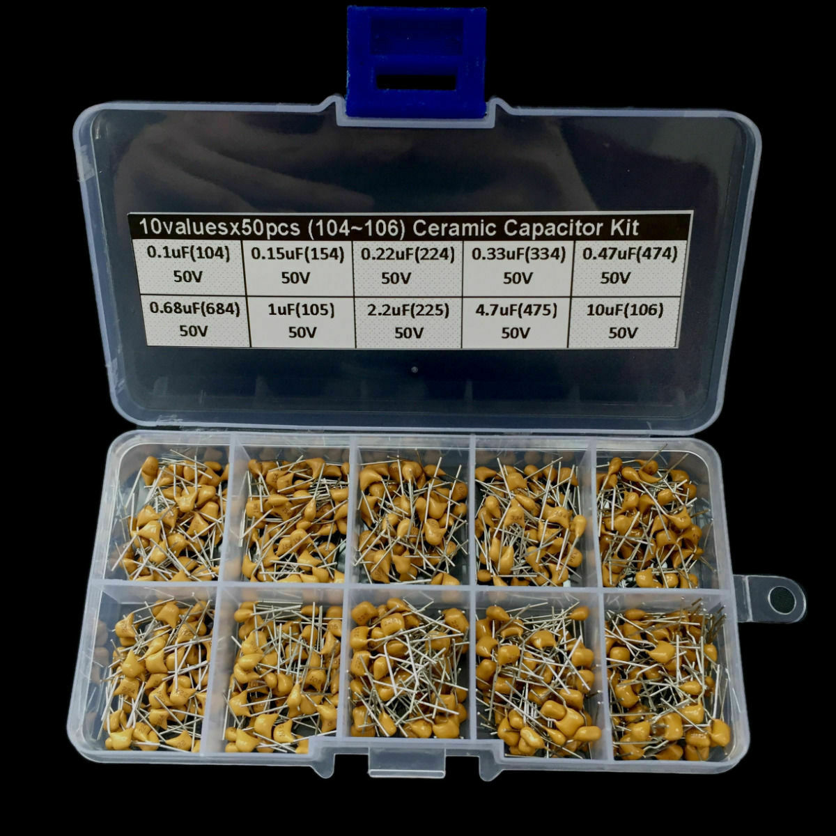 500PCS 10Values Electrolytic Capacitor Assortment Element Box Kit (0.1uF-1000uF)