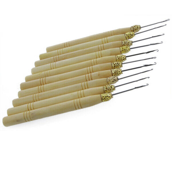 10 Hair Extension Wooden Handle Needle Threader  Pulling Adding Tool