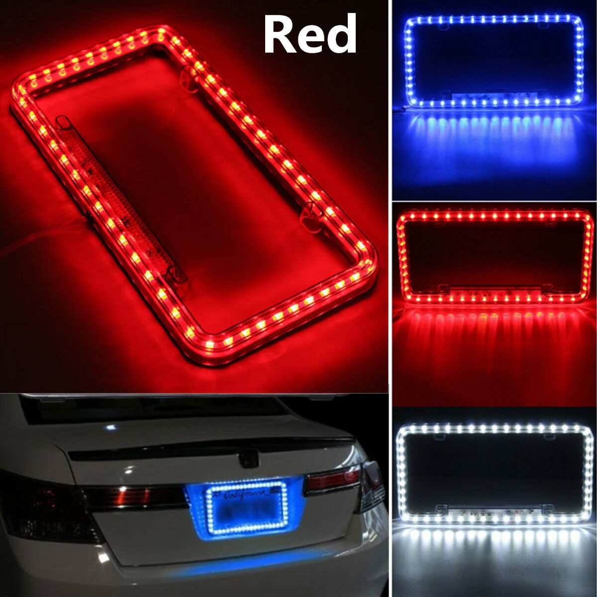 Universal Car Front Rear Number License Plate Frame Cover with Red 54 LED Light