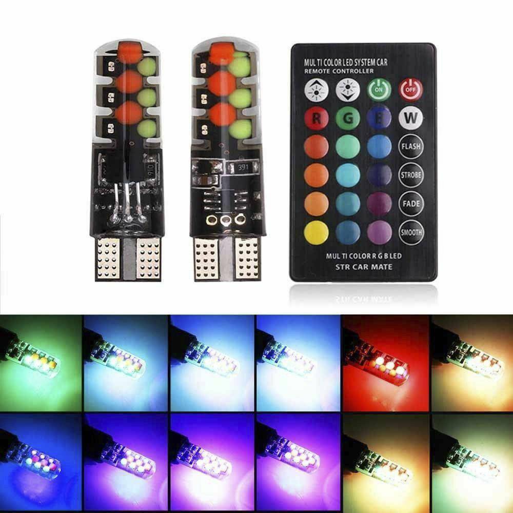 2x T10 W5W RGB LED Car Lights SMD 194 168 Bulbs Remote Control Car Reading Light