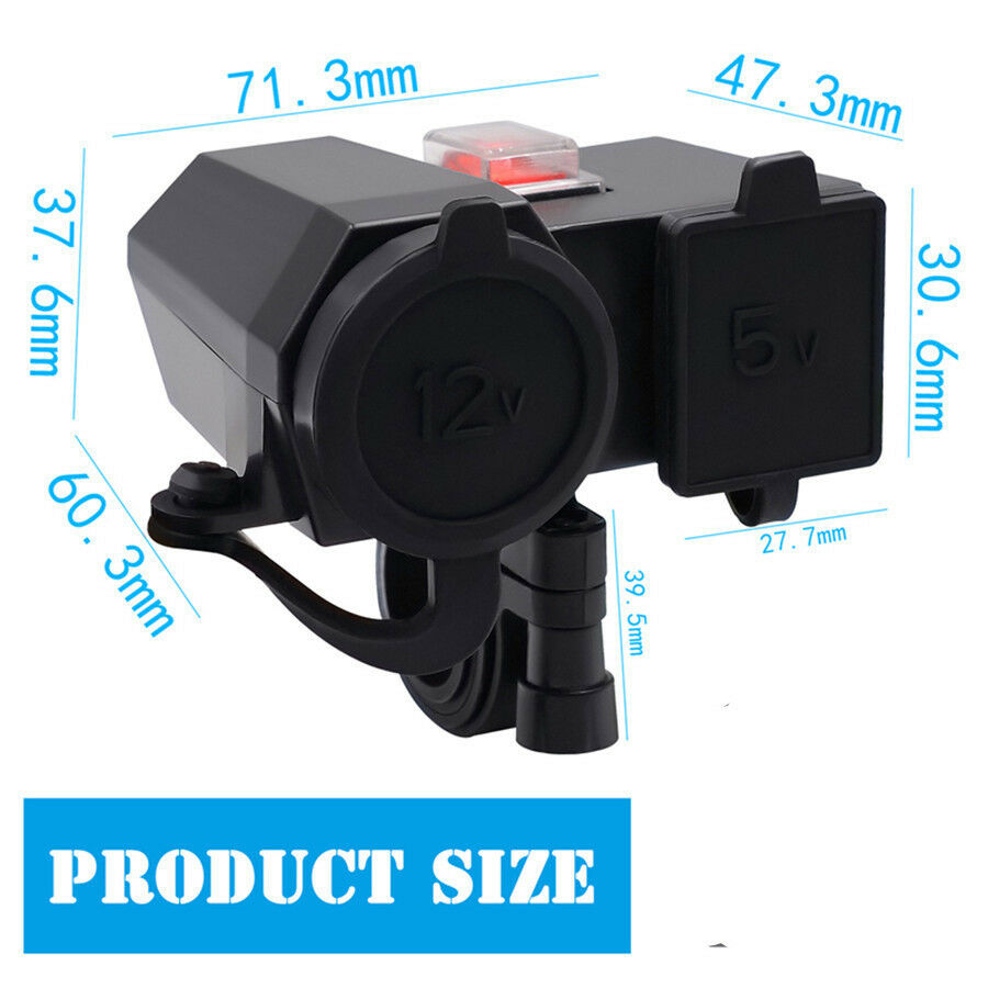 12-24V Motorcycle/Scooter/ATV Dual USB Power Port Charger Blue LED + Voltmeter