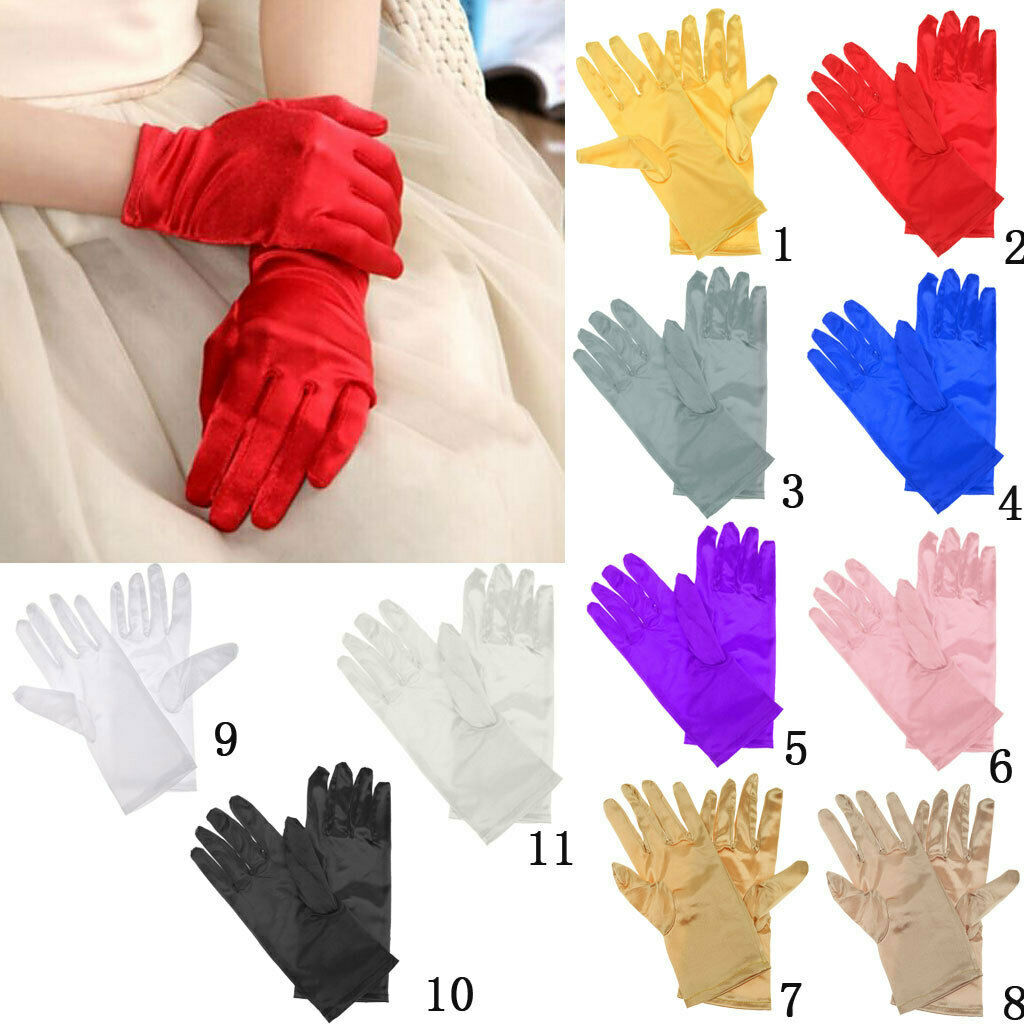 Women's Short Satin Wrist Gloves for Wedding Party Blue