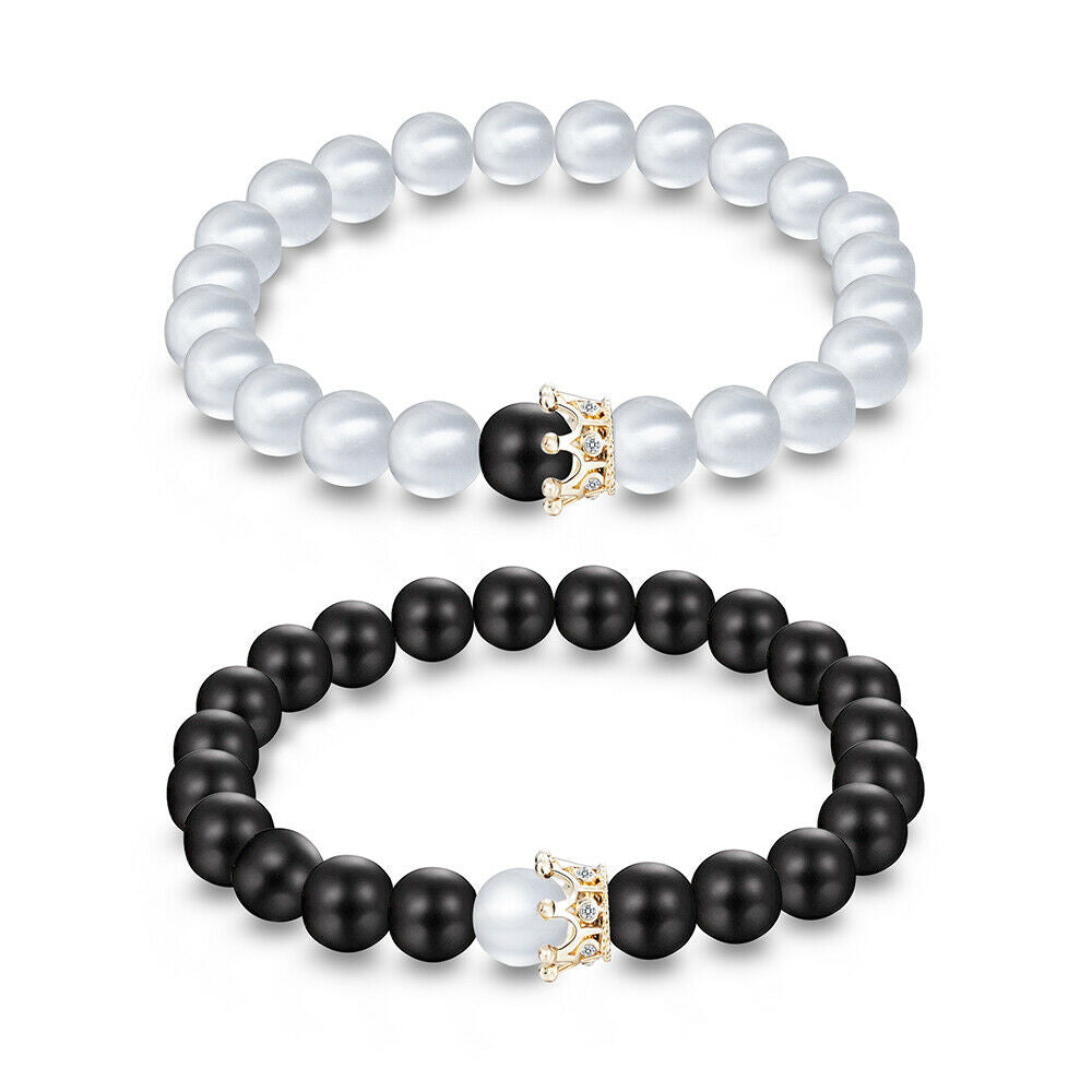 2Pcs King Queen Crown Couple Bracelets His & Her Friendship 8mm Beads Bracelets