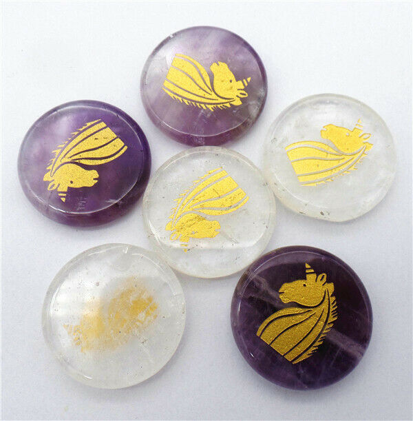 6Pcs 25x6mm Natural Crystal & Amethyst Unicorn Symbol Reiki Stone Set HH7702