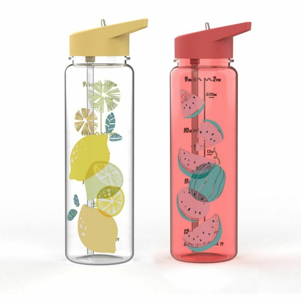 Gym BPA Free Leakproof Plastic Straw Fruit Pattern Sports Water Bottle Cup